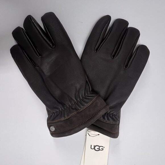 UGG Mens Leather Fur Lined Gloves Brown NEW - Picture 2 of 4
